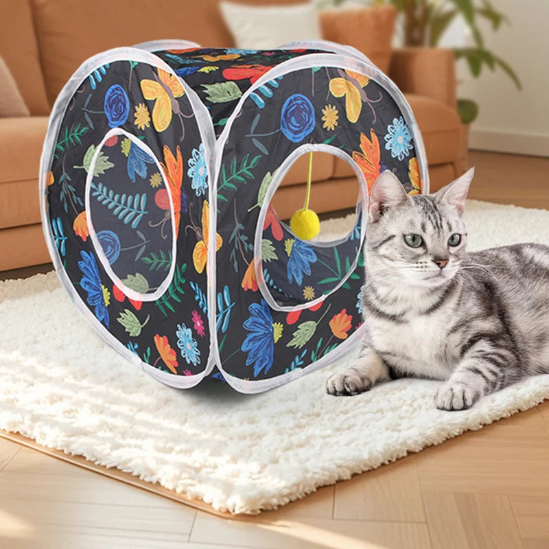 Funny Cat Toy Foldable Cat Channel Personalized Flowers Printed Pet Tunnel Toys Kitten Interactive Chase Toy Pet Supplies