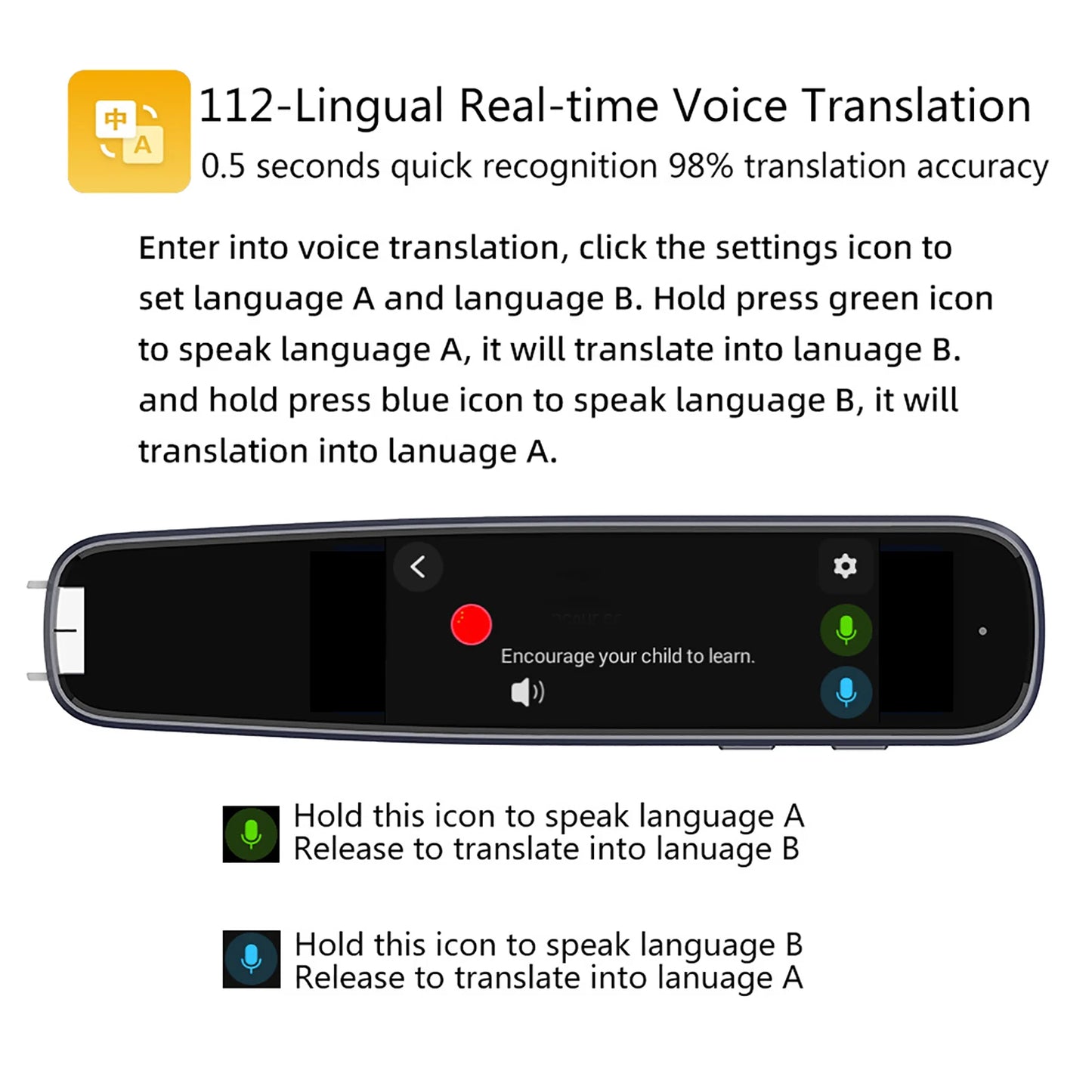 Portable Translation Pen 2.99inch Screen Scanning Translator 112 Languages Online Offline Translation Electronic Dictionary Pen