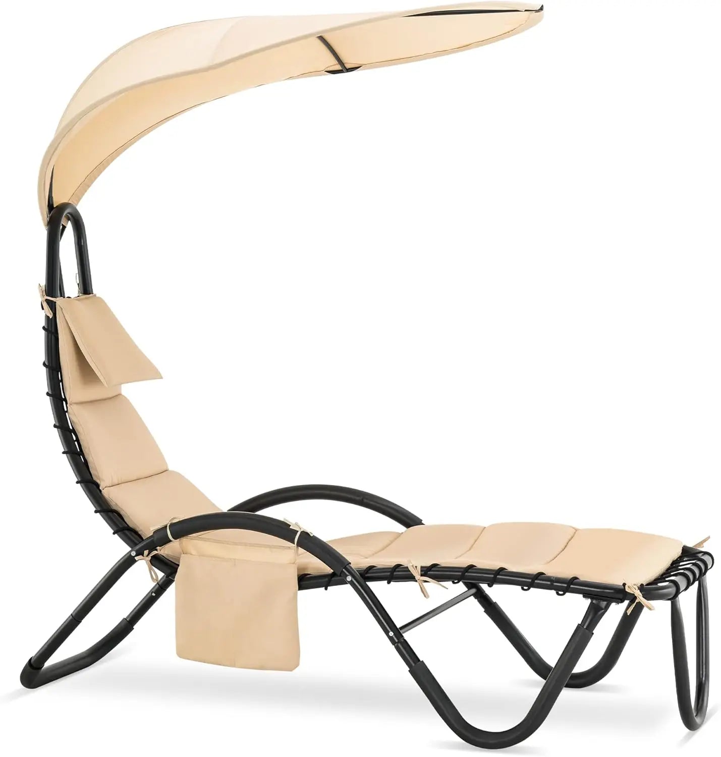 Outdoor Steel Chaise Lounge Chair with Removable Canopy and Cushions, Reclining Chair w/Side Pocket Arc Stand, for Beach