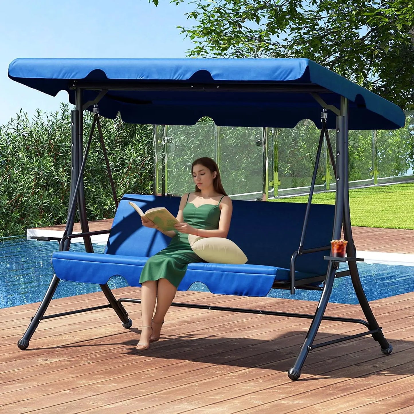 Swing with Canopy, Outdoor Porch Swing with Stand for Adults, Glider Swings for Outdoors with 2 Side Table