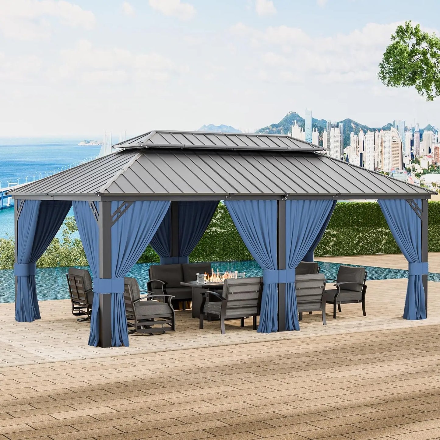 Hardtop Gazebo Outdoor Aluminum Frame Permanent Gazebo Galvanized Steel Double Roof Gazebos with Nettings and
