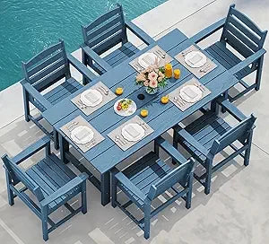 Outdoor HDPE Dining Table Set, 7-Piece Outdoor Dining Table Sets with Umbrella Hole Cut-Out Table and 6 Chairs, Gray