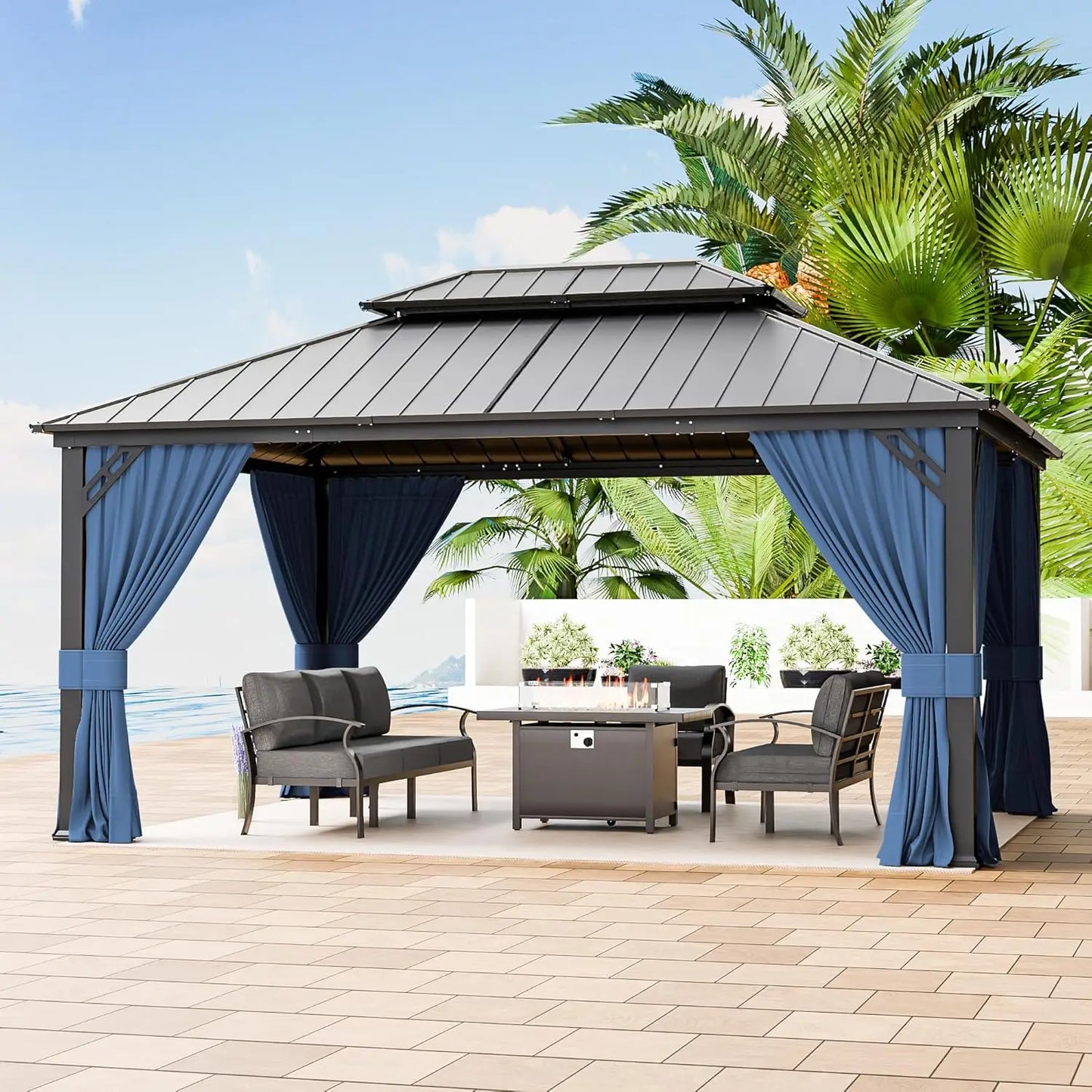 Hardtop Gazebo Outdoor Aluminum Frame Permanent Gazebo Galvanized Steel Double Roof Gazebos with Nettings and