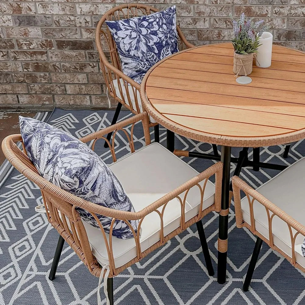 Bistro Chairs Set of 4 Rattan Outdoor Dining Chairs with Arms & Cushions Woven Rattan Chair with Curved Backrest All-Weather Wi