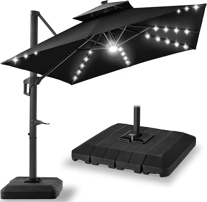 10x10ft Cantilever Patio Umbrella w/Base Included, Solar LED Lights 360 Rotation Large Offset Hanging Outdoor Shade for Deck Po