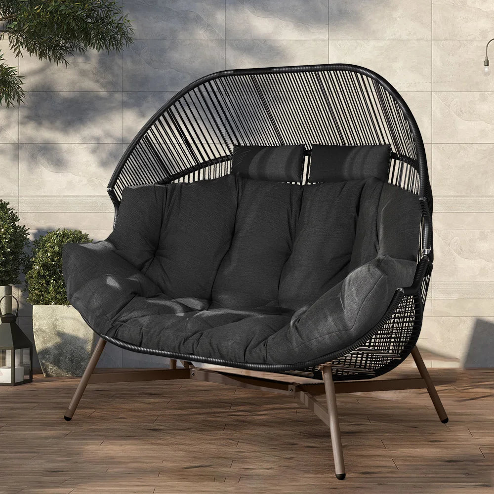 Outdoor Oversize 2-person Chair,Modern Garden 2-Seat Wicker Egg Chair with Cushion, Stationary Patio Loveseat Accent Chair