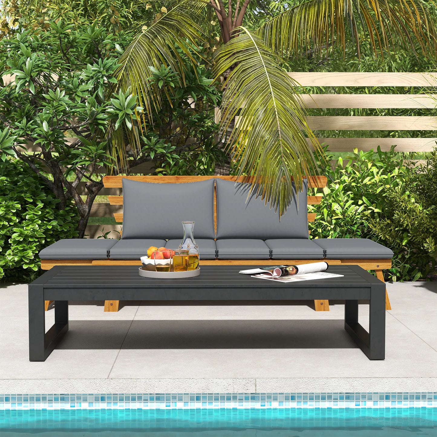 Outsunny Wooden Garden Bench for Outdoor w/ Cushions, Patio Loveseat, Gray