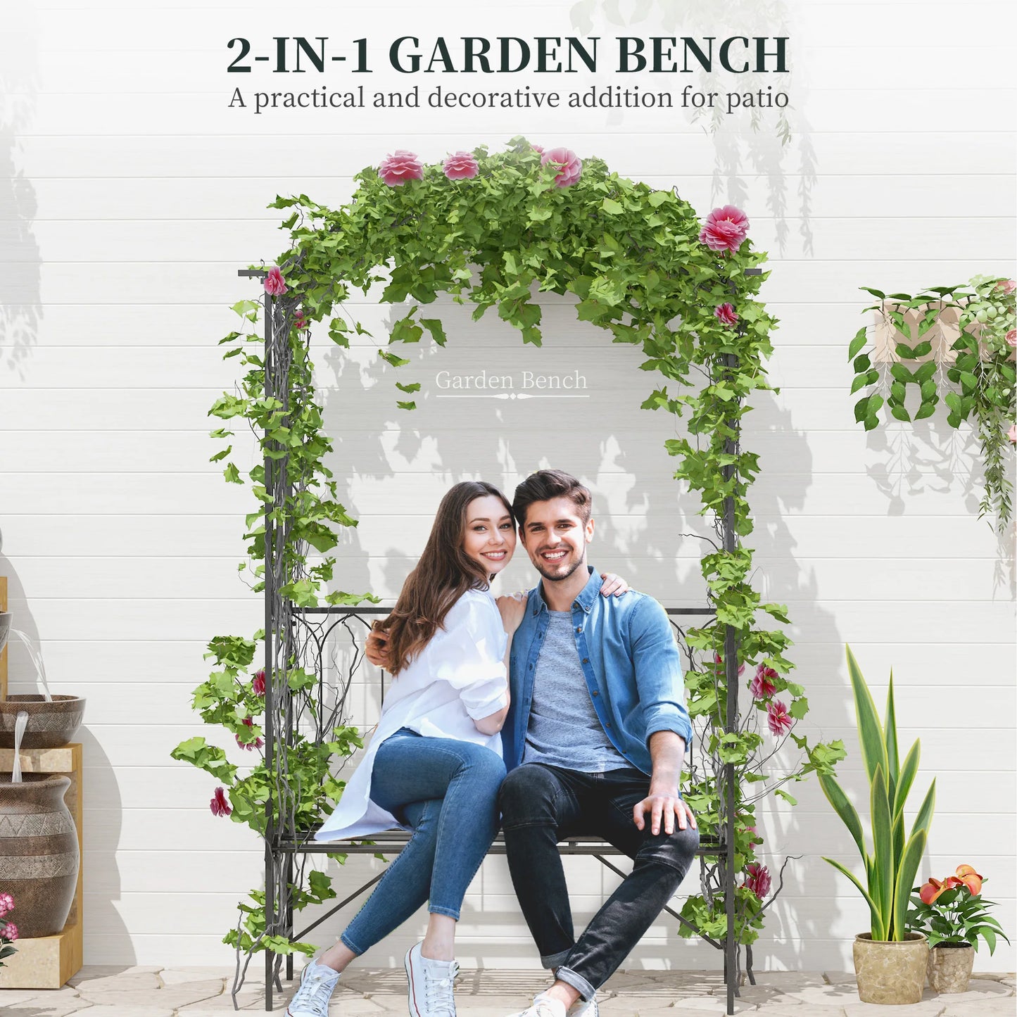 45” Steel Metal Outdoor Garden Arbor Archway with Bench Seating Black