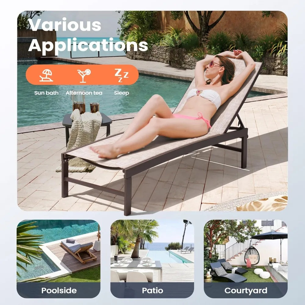 Outdoor Lounge Chair, Patio Aluminum Frame Chaise Lounge with Adjustable Backrest, Rustproof Pool Lounge Chairs for