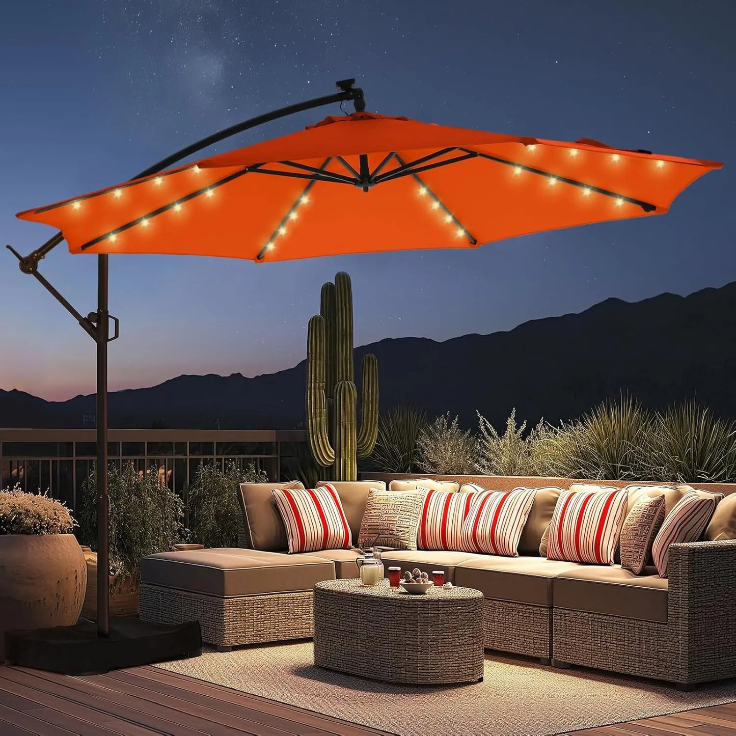 10ft Solar Lights Offset Cantilever Patio Umbrella- with Light and Base,LED Lighted Offset Hanging Patio Outdoor Market Umbrella