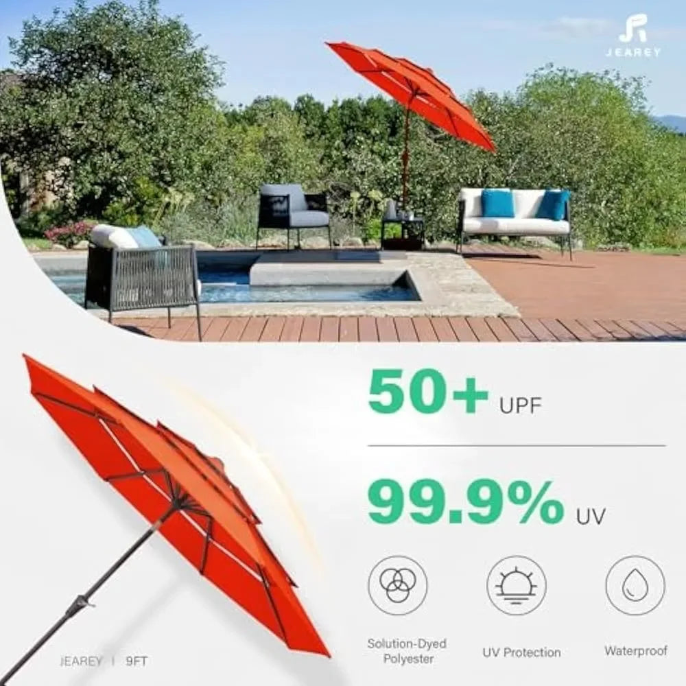 9FT 3 Tier Patio Umbrella Outdoor Umbrella Table Umbrellas w/Push Button Tilt and UV Protection Outside Garden Pool Umbrella