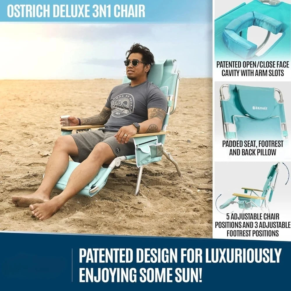 Deluxe Reclining Lounge Chair, 3 in 1 Folding Outdoor Beach Lounger, for Lawn, Pool, Patio, Aqua - Heavy-Duty Portable Chair
