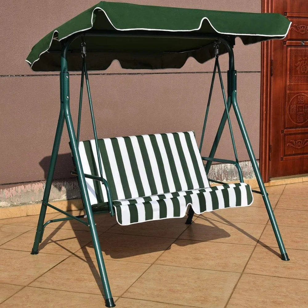 Outdoor 2-Person Canopy Swing Chair Bench,Steel Frame Garden Convertible Loveseat Hammock with Seat and Back Cushion (Green)