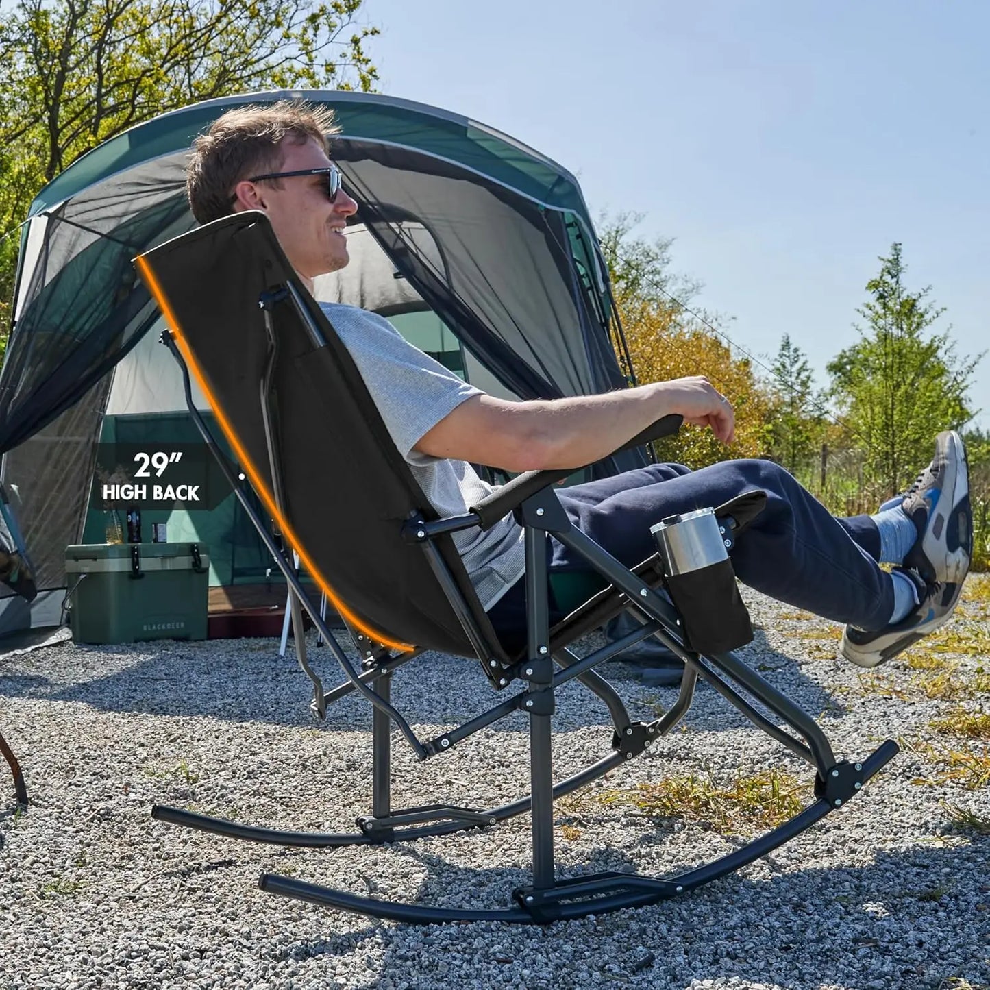 Oversized Folding Rocking Chair. Portable Outdoor Rocker. High Back, Hard Armrests. Carry Bag. Supports 400 lbs. Mesh Back.