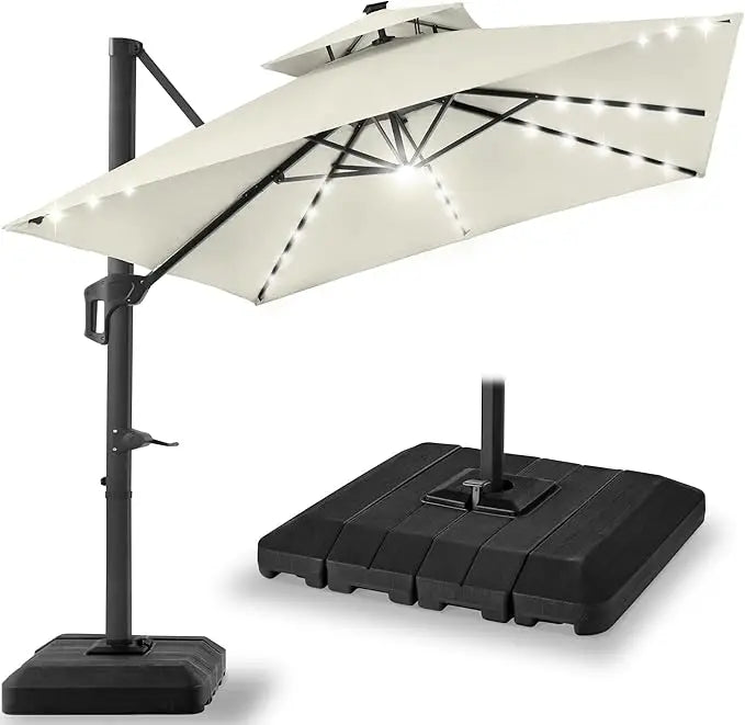 10x10ft Cantilever Patio Umbrella w/Base Included, Solar LED Lights 360 Rotation Large Offset Hanging Outdoor Shade for Deck Po