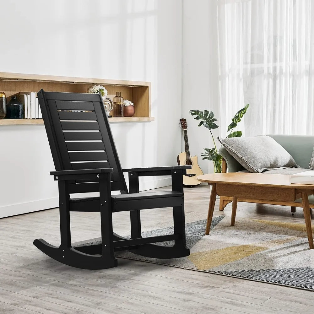 Outdoor Rocking Chairs Set of 2 | Porch Rocker HDPE Plastic | Black Oversized Rockers High Back Big & Tall