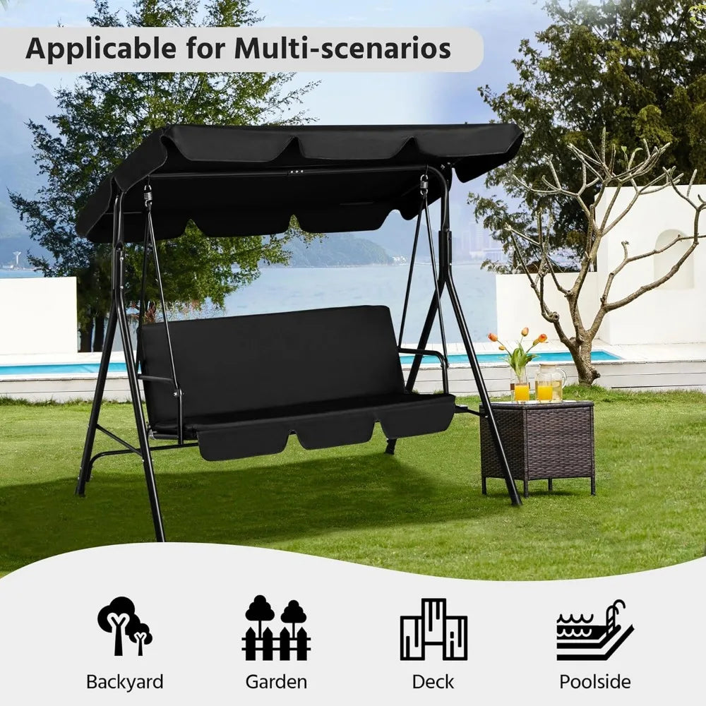 3-Seat Patio Swing Chair, Outdoor Canopy Swing with Adjustable Canopy & Removable Cushion, Hanging Lounge Chair for Patio