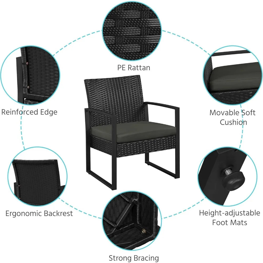 3 Pieces Rattan Bistro Set, Indoor/Outdoor Wicker Patio Modern Conversation Furniture, 2 Chairs & Tempered Glass Coffe Table
