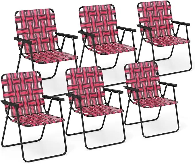 Beach Chairs Set of 6, Patio Folding Lawn Chairs for Adults, Outdoor Webbing Chair w/Steel Frame, Lightweight & Portable