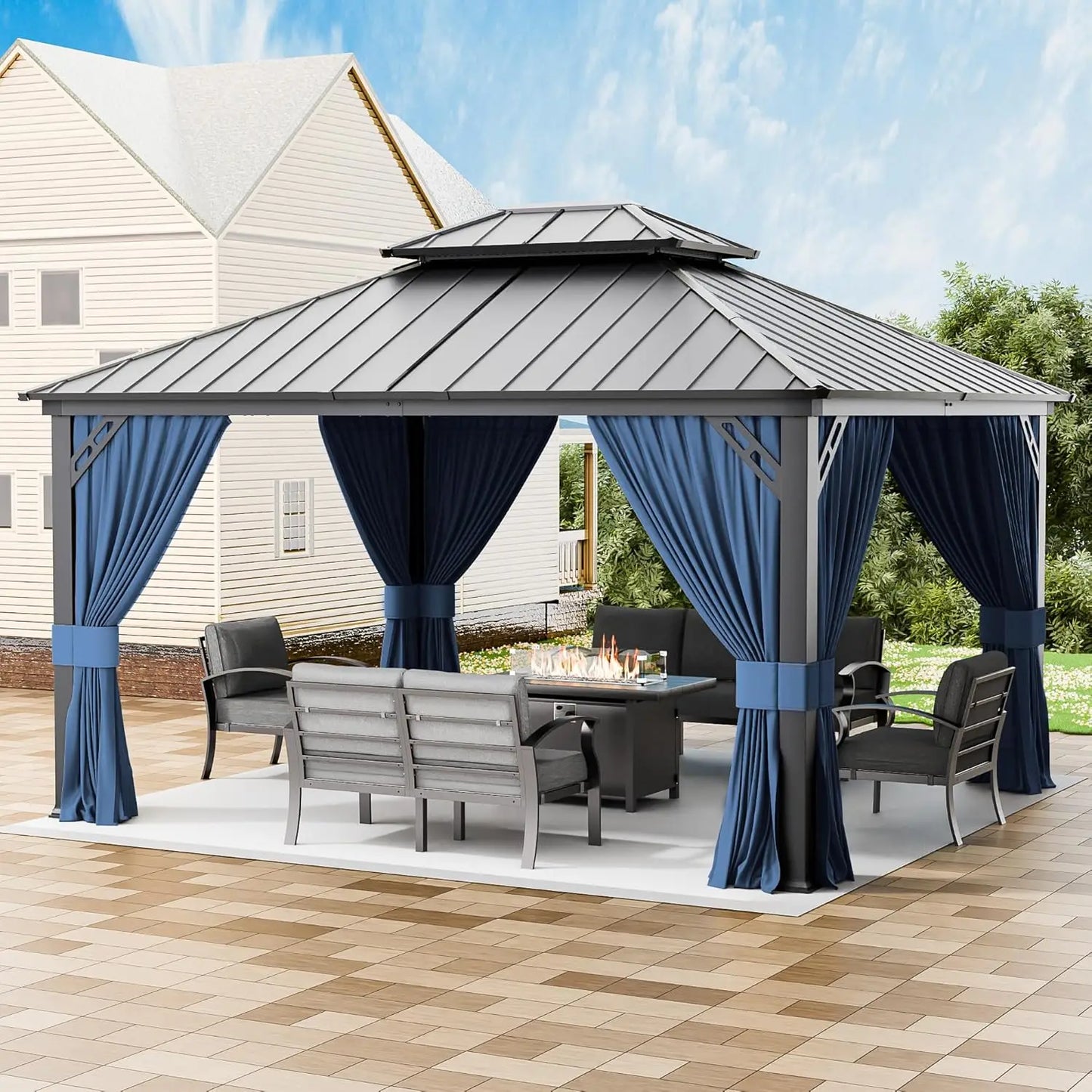 Hardtop Gazebo Outdoor Aluminum Frame Permanent Gazebo Galvanized Steel Double Roof Gazebos with Nettings and