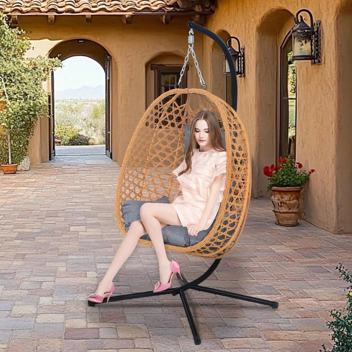 Hanging Egg Chair with Cushions – Comfortable Rattan Swing Chair with Stand Outdoor Lounge Chair,350LBS Capacity Indoor Outdoor