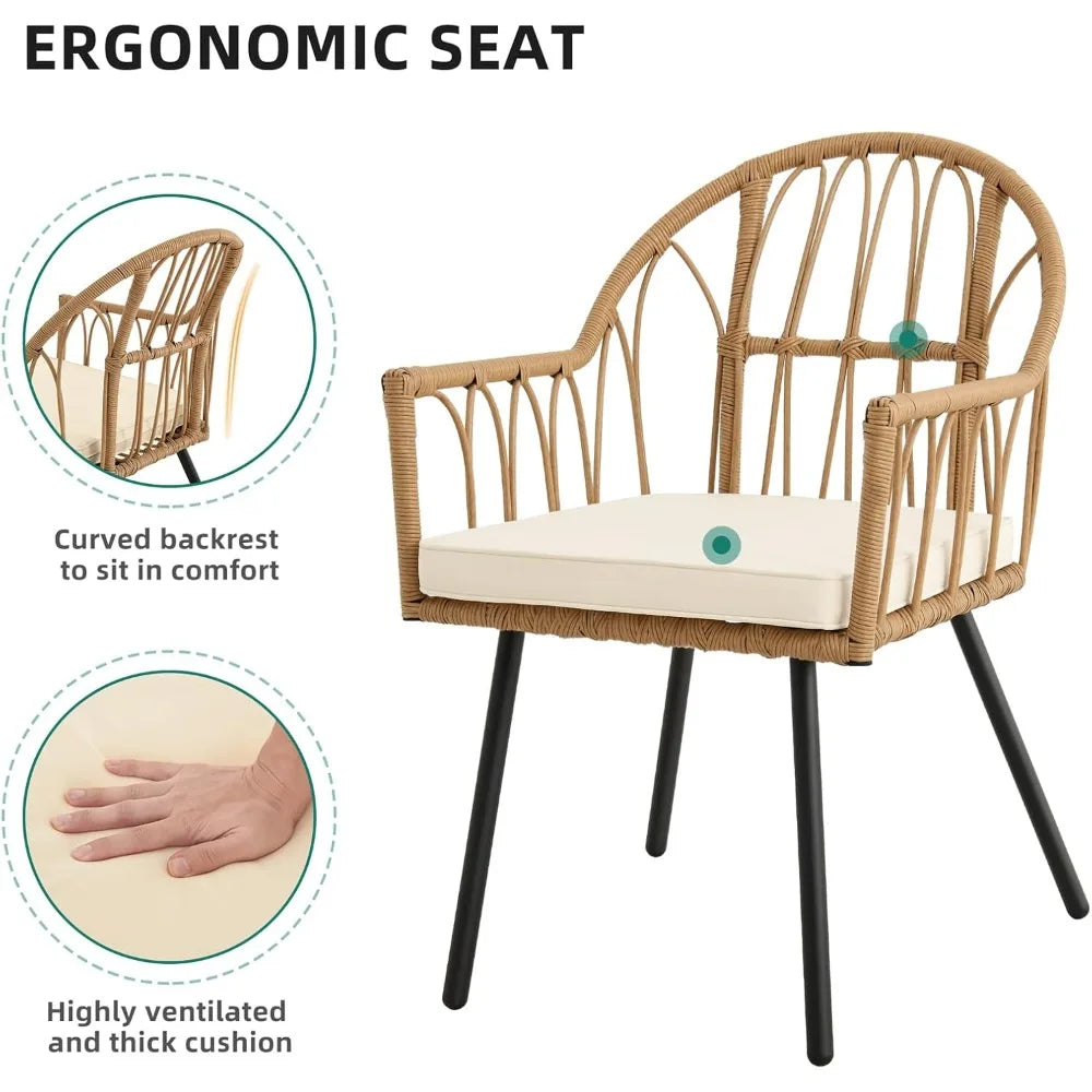 Bistro Chairs Set of 4 Rattan Outdoor Dining Chairs with Arms & Cushions Woven Rattan Chair with Curved Backrest All-Weather Wi