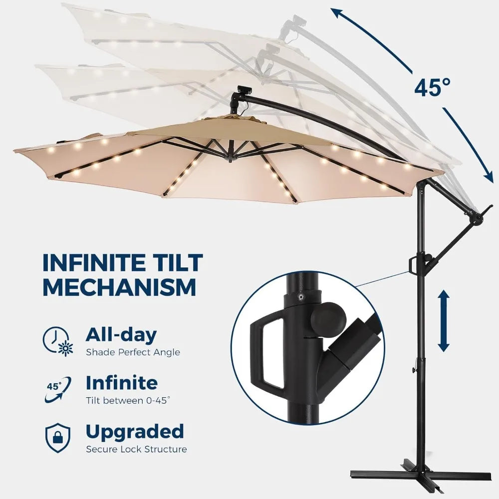 10ft Solar Lights Offset Cantilever Patio Umbrella- with Light and Base,LED Lighted Offset Hanging Patio Outdoor Market Umbrella