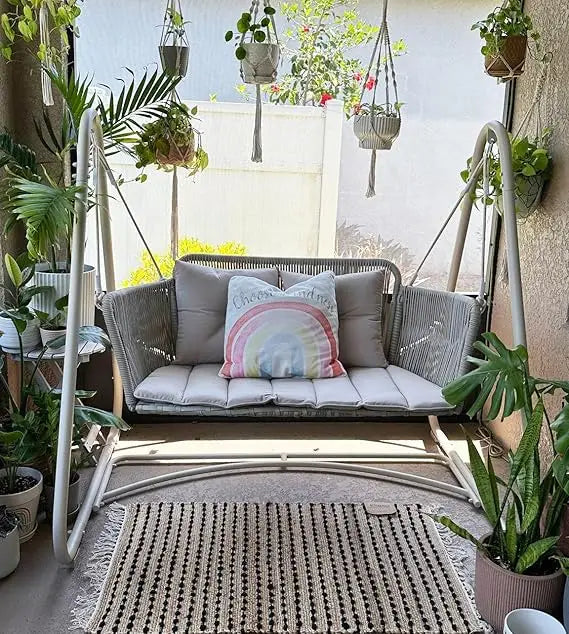 2-Seat Cloud Swing Chair with Stand Patio Wicker Bench Glider Loveseat Hanging Swinging for Indoor Outside Backyard Garden Outd
