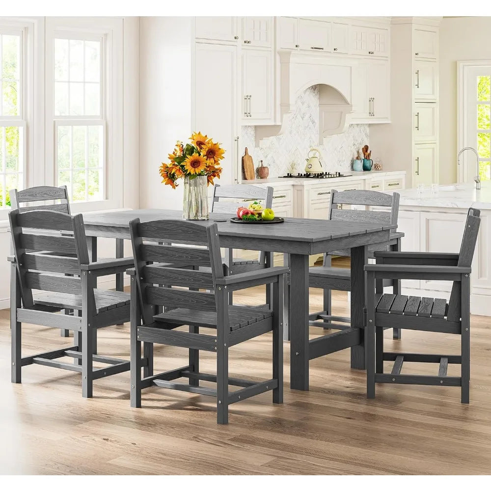 Outdoor HDPE Dining Table Set, 7-Piece Outdoor Dining Table Sets with Umbrella Hole Cut-Out Table and 6 Chairs, Gray