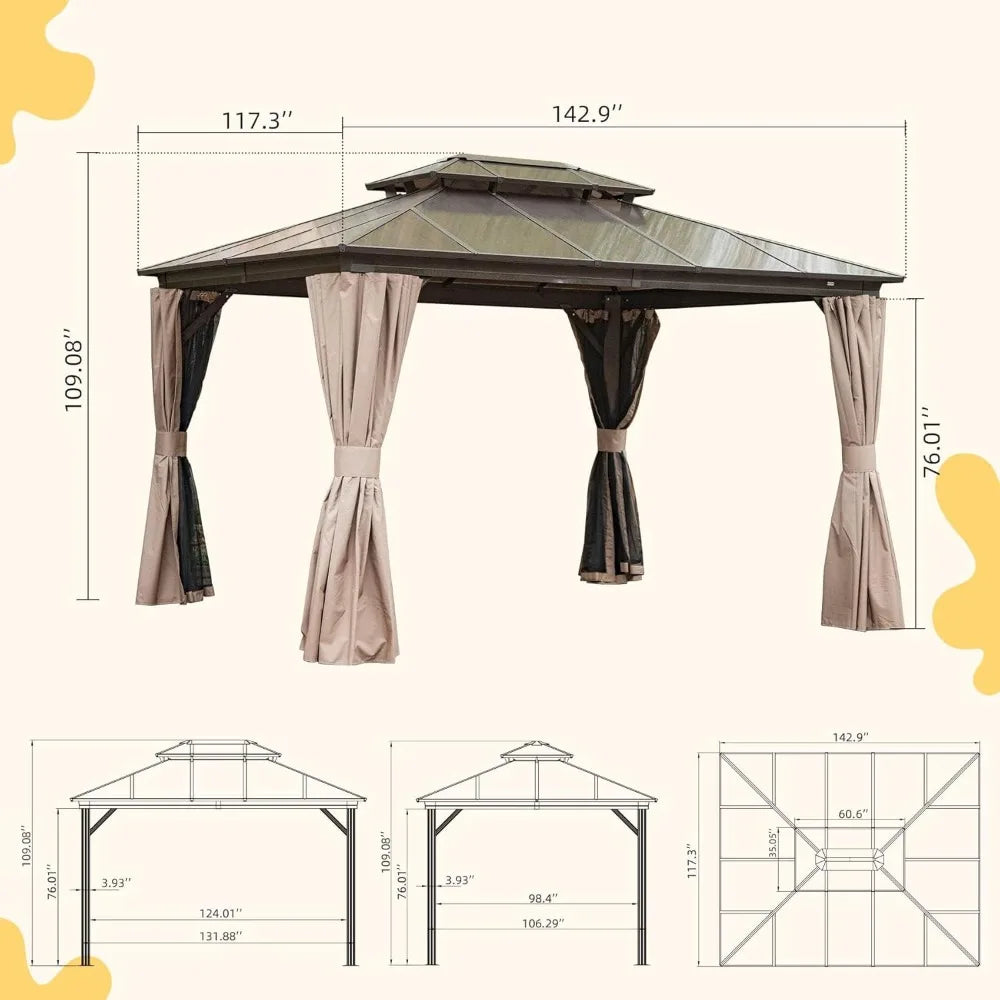 10' X 12' Hardtop Gazebo with Polycarbonate Double Roof, Aluminum Frame, Curtains & Netting, All-Weather Backyard