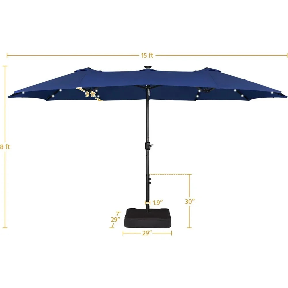 15 ft Large Patio Umbrella with Solar Lights Double-Sided Outdoor Rectangle Market Umbrellas with 36 LED Lights/Base Included
