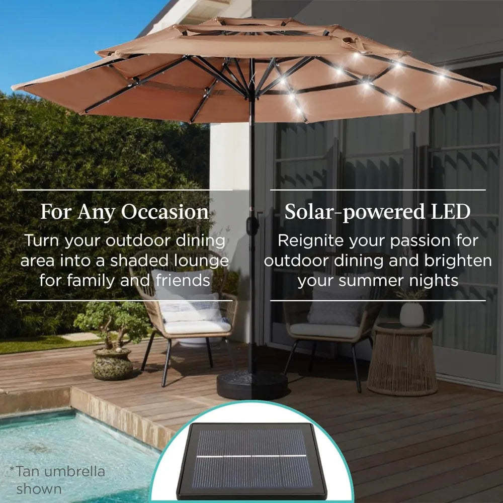10ft 3-Tier Solar Patio Umbrella, Outdoor Market Sun Shade for Backyard, Deck, Poolside w/ 24 LED Lights, Tilt Adjustment, Easy