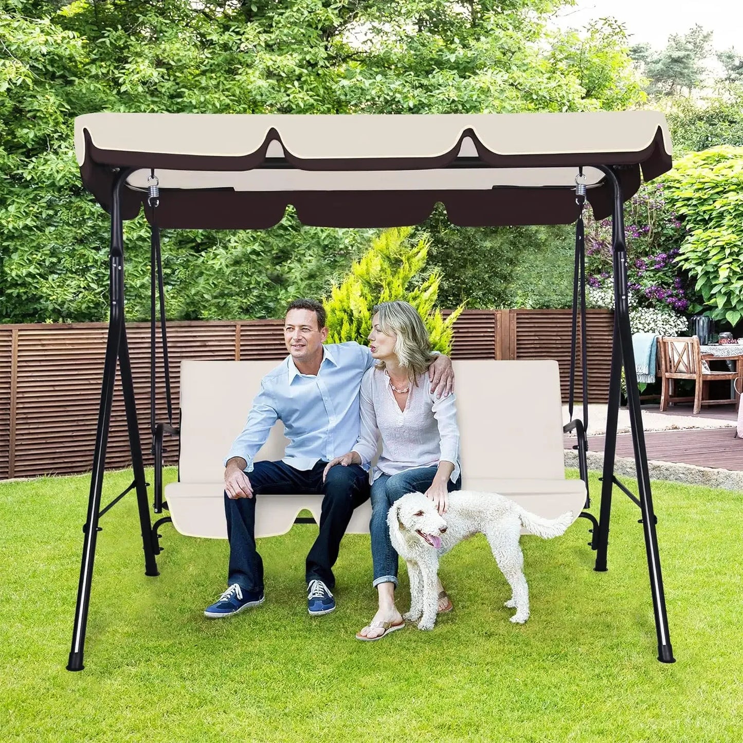 3-Seat Patio Swing Chair with Adjustable Canopy, Outdoor Porch Swing with Durable Steel Frame for Patio, Garden, Poolside