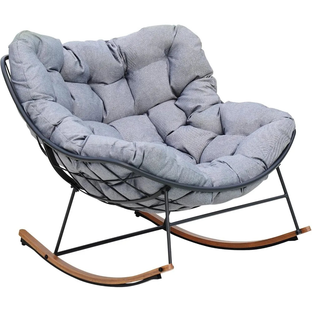 Rocking Chair Outdoor, E-Coated Papasan Rocking Chair with Cushion, Outdoor Oversized Recliner Rocker for Patio Porch Garden