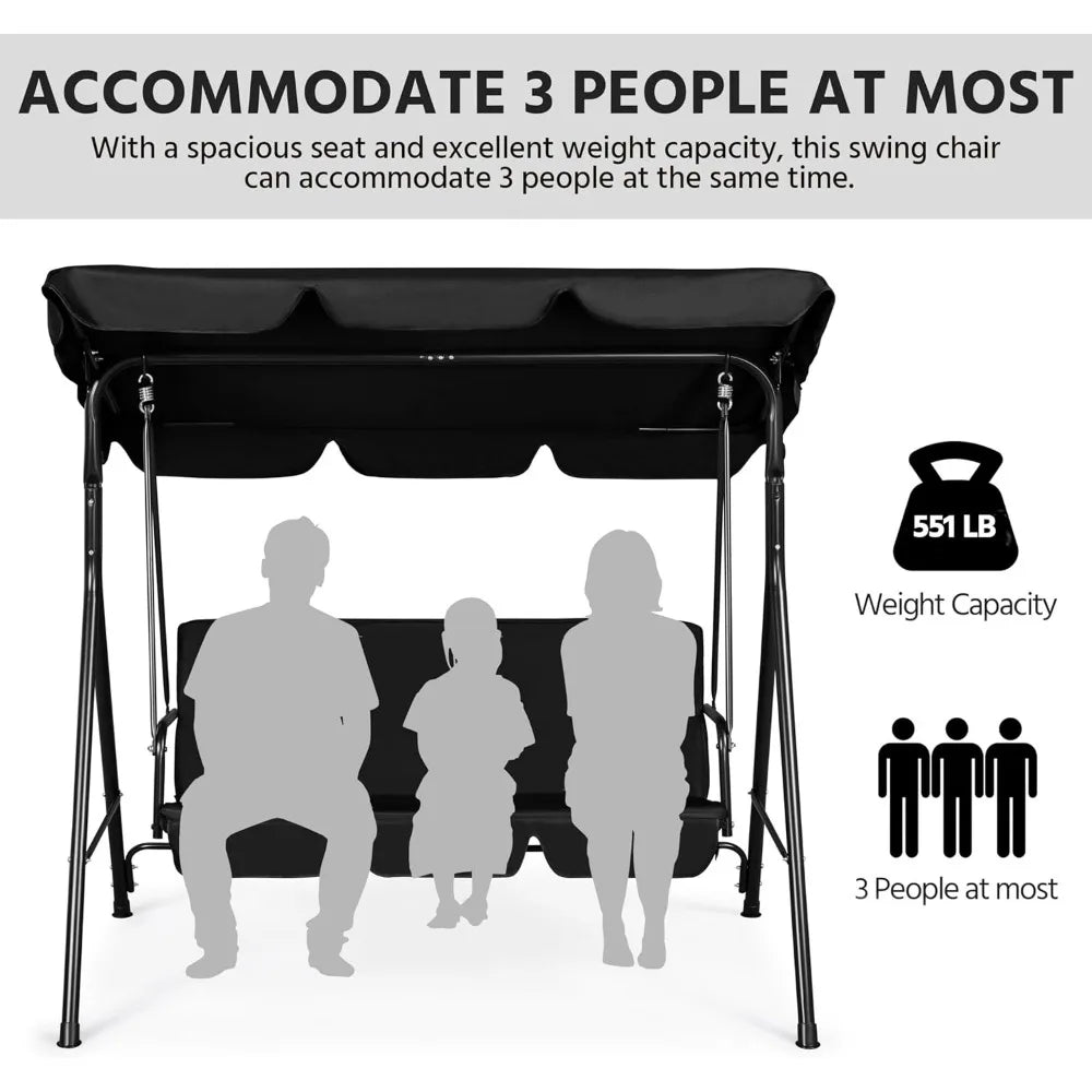3-Seat Patio Swing Chair, Outdoor Canopy Swing with Adjustable Canopy & Removable Cushion, Hanging Lounge Chair for Patio