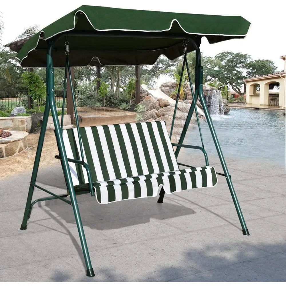 Outdoor 2-Person Canopy Swing Chair Bench,Steel Frame Garden Convertible Loveseat Hammock with Seat and Back Cushion (Green)