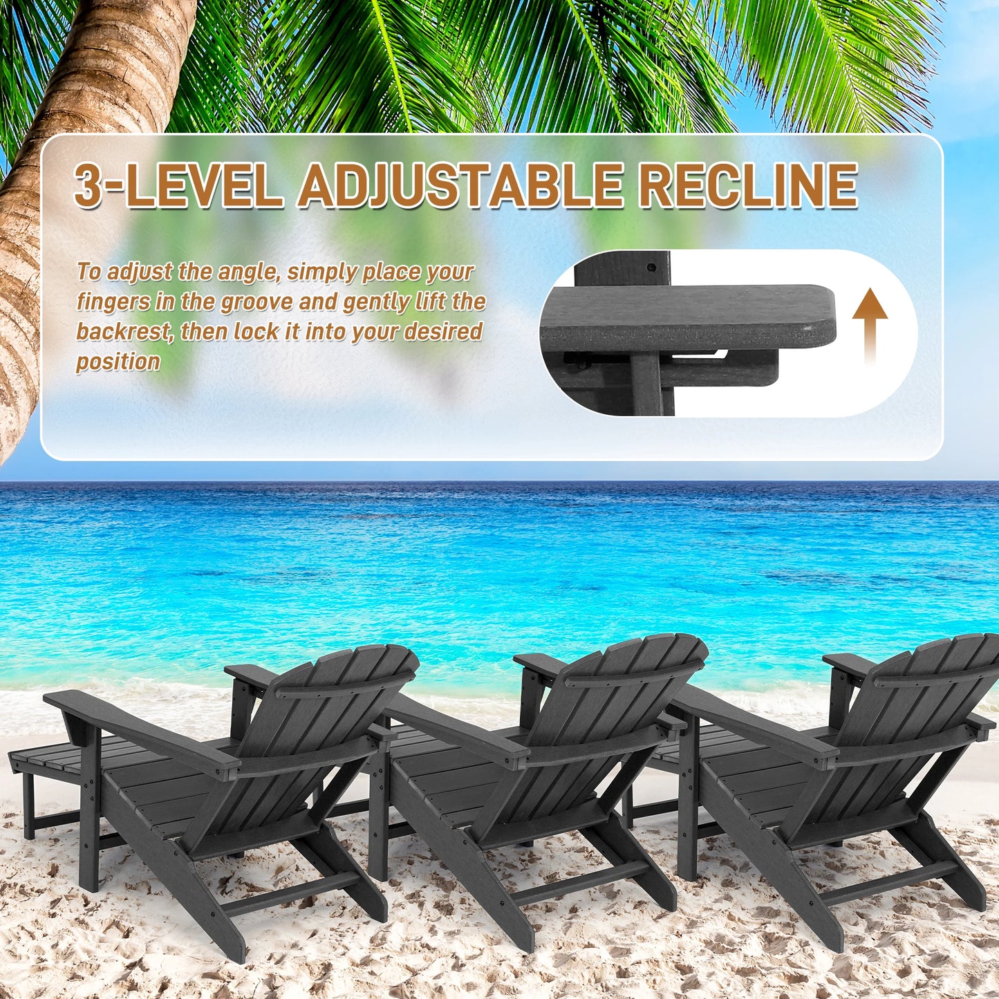 3 Level Adjustable Adirondack Chair with Retractable Ottoman, HDPE All-Weather Fire Pit Chair with Cup Holders, Outdoor Chair