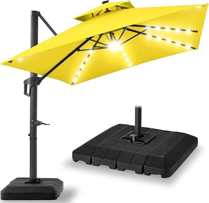 10x10ft Cantilever Patio Umbrella w/Base Included, Solar LED Lights 360 Rotation Large Offset Hanging Outdoor Shade for Deck Po