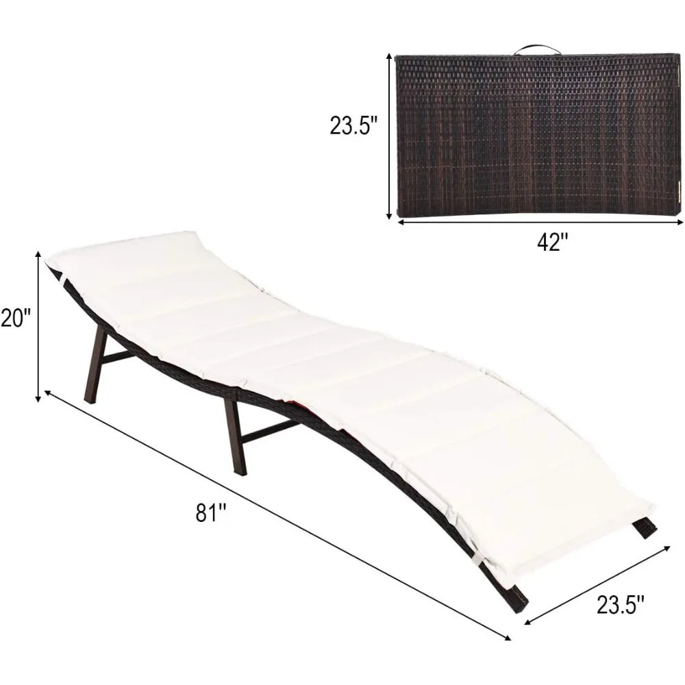 Set of 2 Patio Chaises, Foldable Outdoor Patio Wicker Lounger Chair, with Double-Sided Cushions, Suitable for Poolside