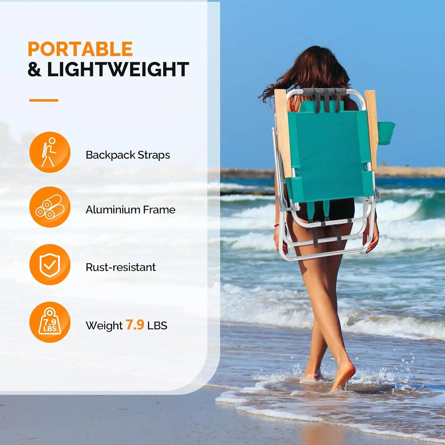 Aluminum Backpack Beach Chair – Tall Beach Chairs for Adults, Portable with Adjustable Straps, 3-Position Reclining, Cup Holder,