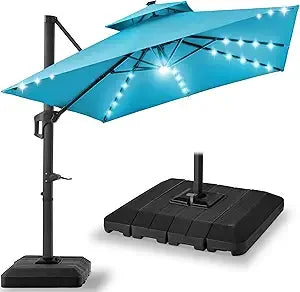 10x10ft Cantilever Patio Umbrella w/Base Included, Solar LED Lights 360 Rotation Large Offset Hanging Outdoor Shade for Deck Po