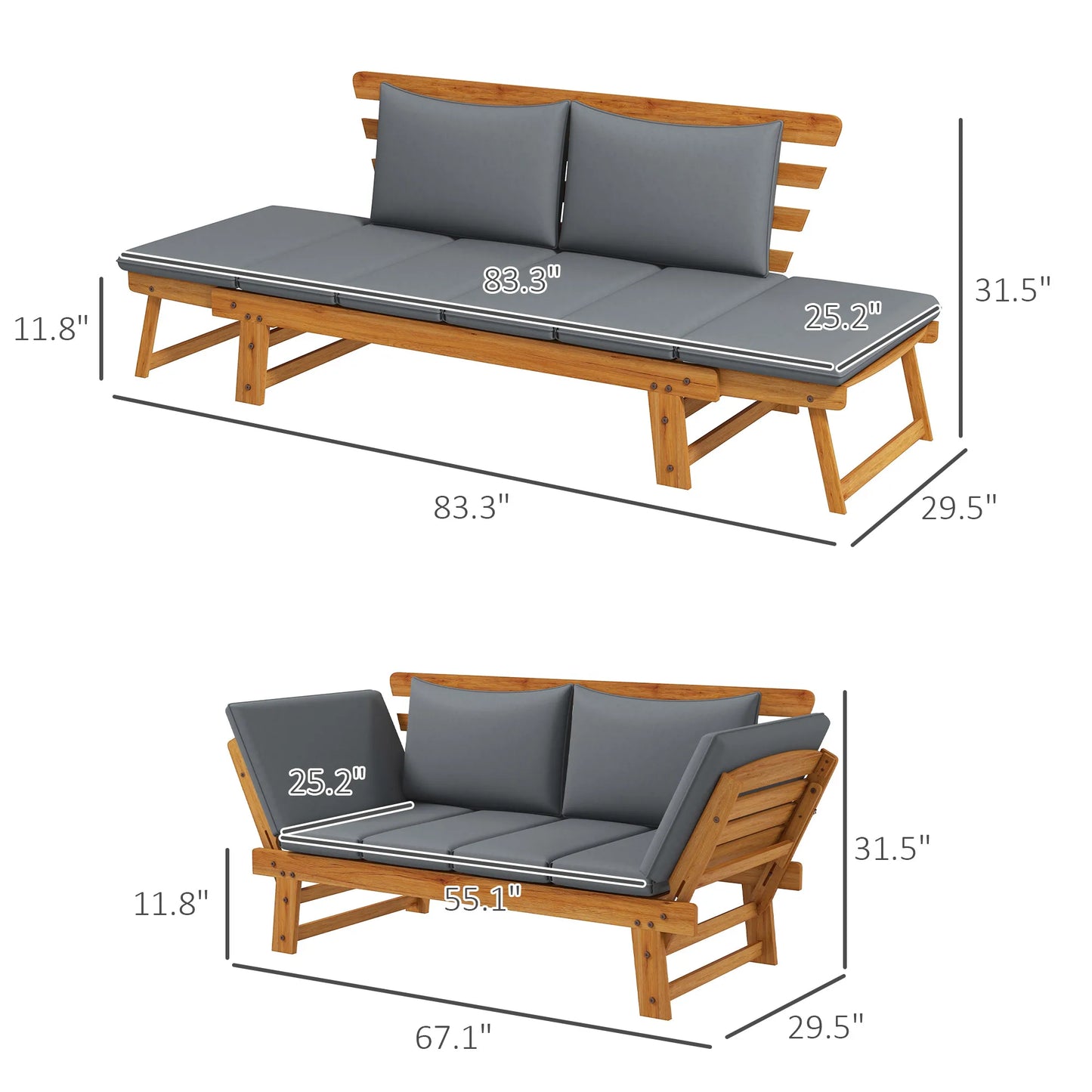 Outsunny Wooden Garden Bench for Outdoor w/ Cushions, Patio Loveseat, Gray