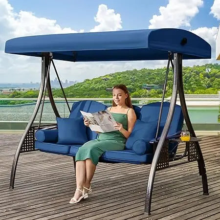 3 in 1 Outdoor Porch Swing with Adjustable Canopy, 3 Seat Outdoor Swing for Adults, Patio Swing Chair with Thickened Cushions,Pi