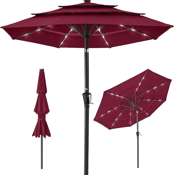 10ft 3-Tier Solar Patio Umbrella, Outdoor Market Sun Shade for Backyard, Deck, Poolside w/ 24 LED Lights, Tilt Adjustment, Easy