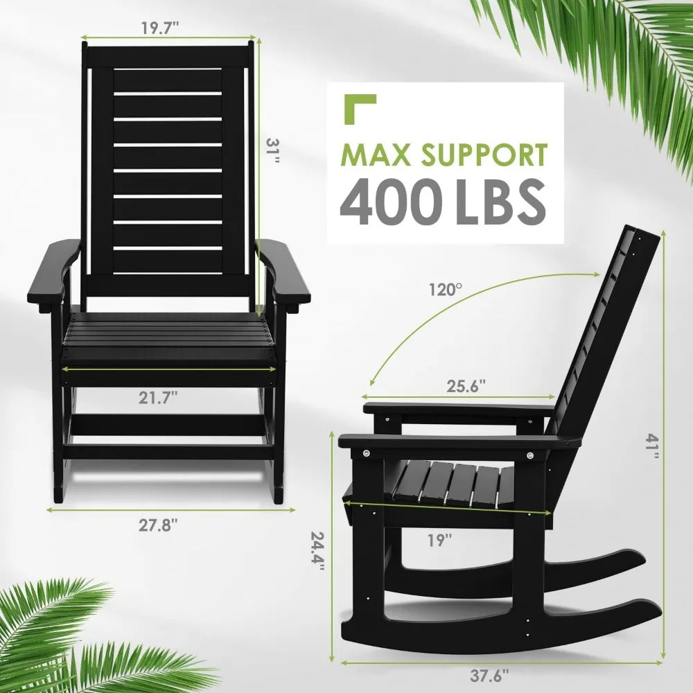 Outdoor Rocking Chairs Set of 2 | Porch Rocker HDPE Plastic | Black Oversized Rockers High Back Big & Tall