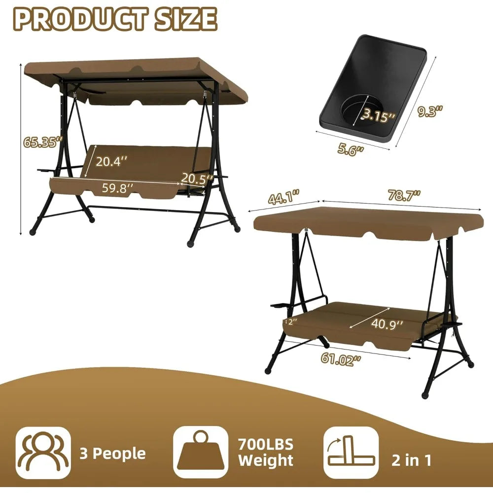Swing with Canopy, Outdoor Porch Swing with Stand for Adults, Glider Swings for Outdoors with 2 Side Table