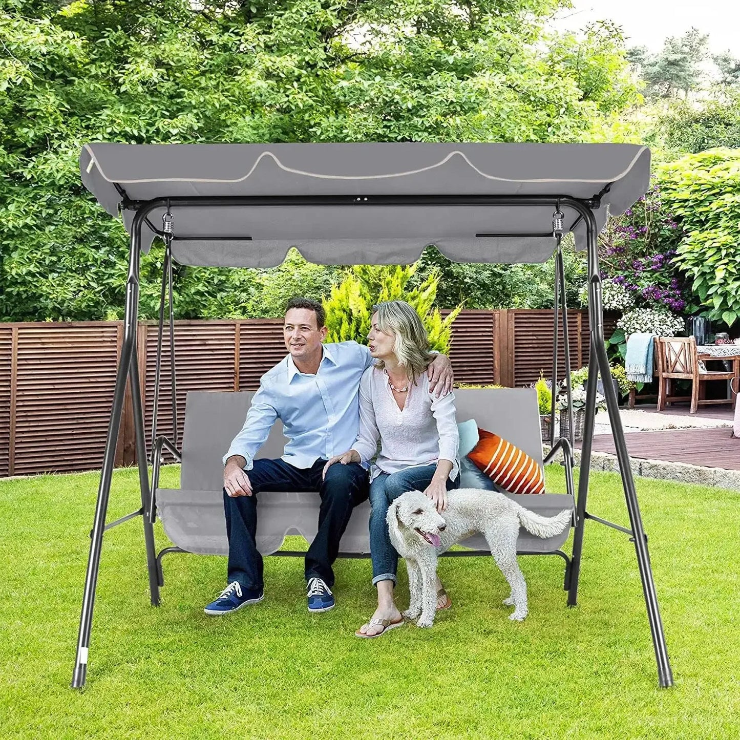 3-Seat Patio Swing Chair with Adjustable Canopy, Outdoor Porch Swing with Durable Steel Frame for Patio, Garden, Poolside