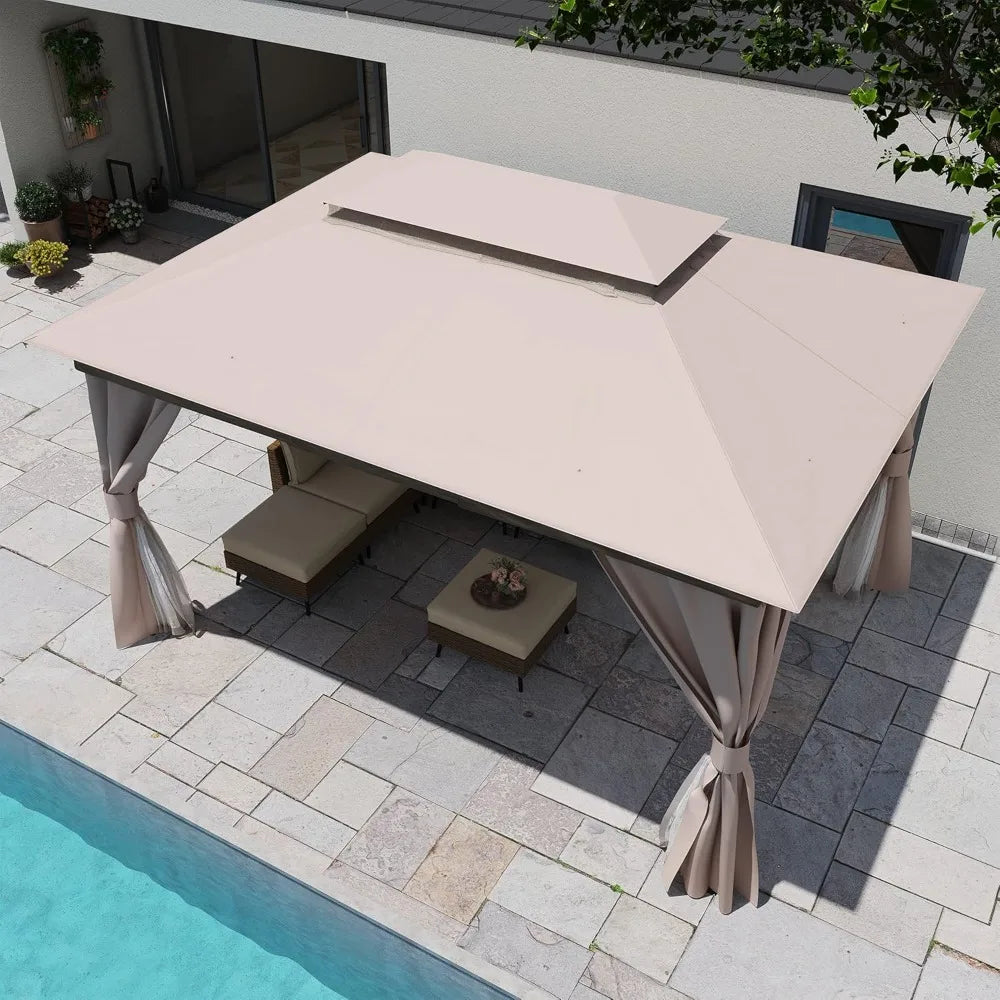 Outdoor Patio Gazebo 10'x13' with Expansion Bolts, Heavy Duty Gazebos Party Tent Shelter with Double Roofs, Mosquito Nets and P