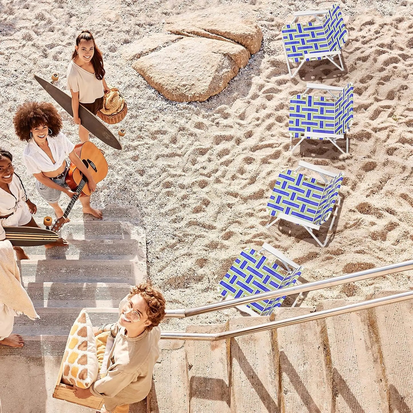 Beach Chairs Set of 6, Patio Folding Lawn Chairs for Adults, Outdoor Webbing Chair w/Steel Frame, Lightweight & Portable