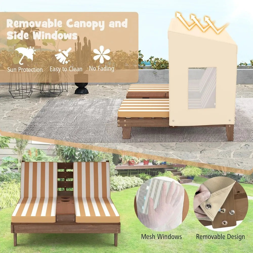Kids Chaise Lounge Chair Outdoor, Toddler Wood Double Pool Lounger Chairs w/Canopy, Cup Holders, Removable Stripped Fabric Cush